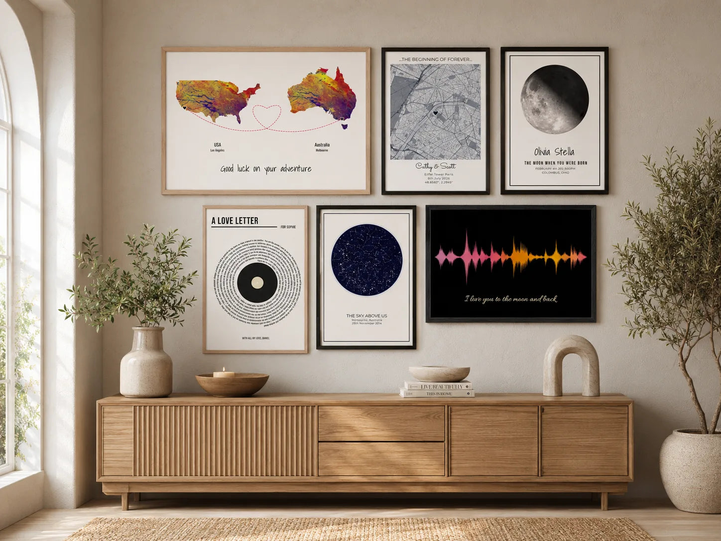 Personalised framed prints displayed in a warm home