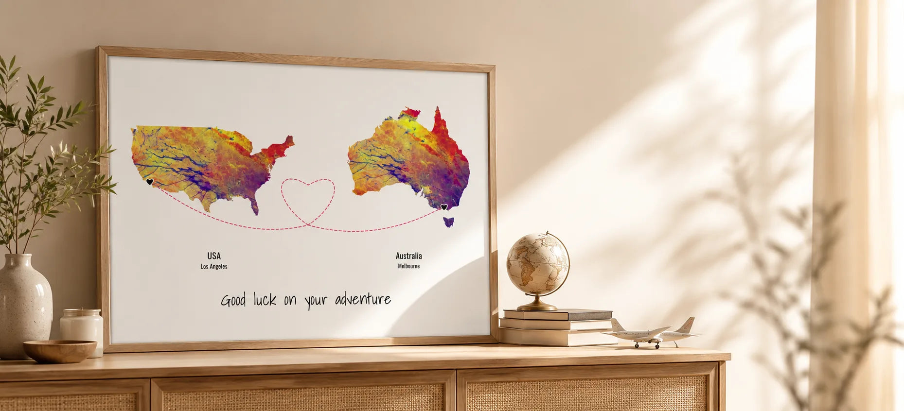 Framed personalised journey map print on a wall