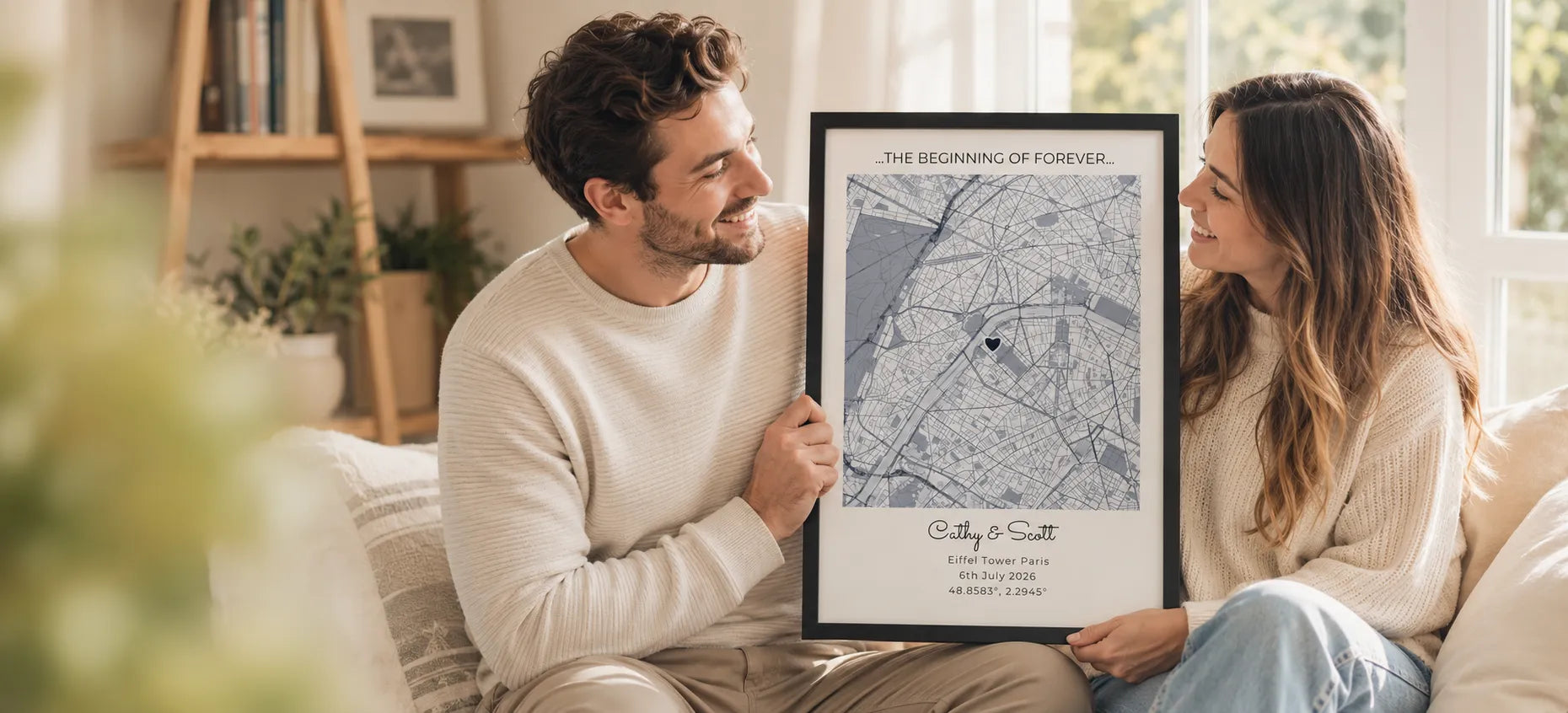 Framed personalised city map print on a wall