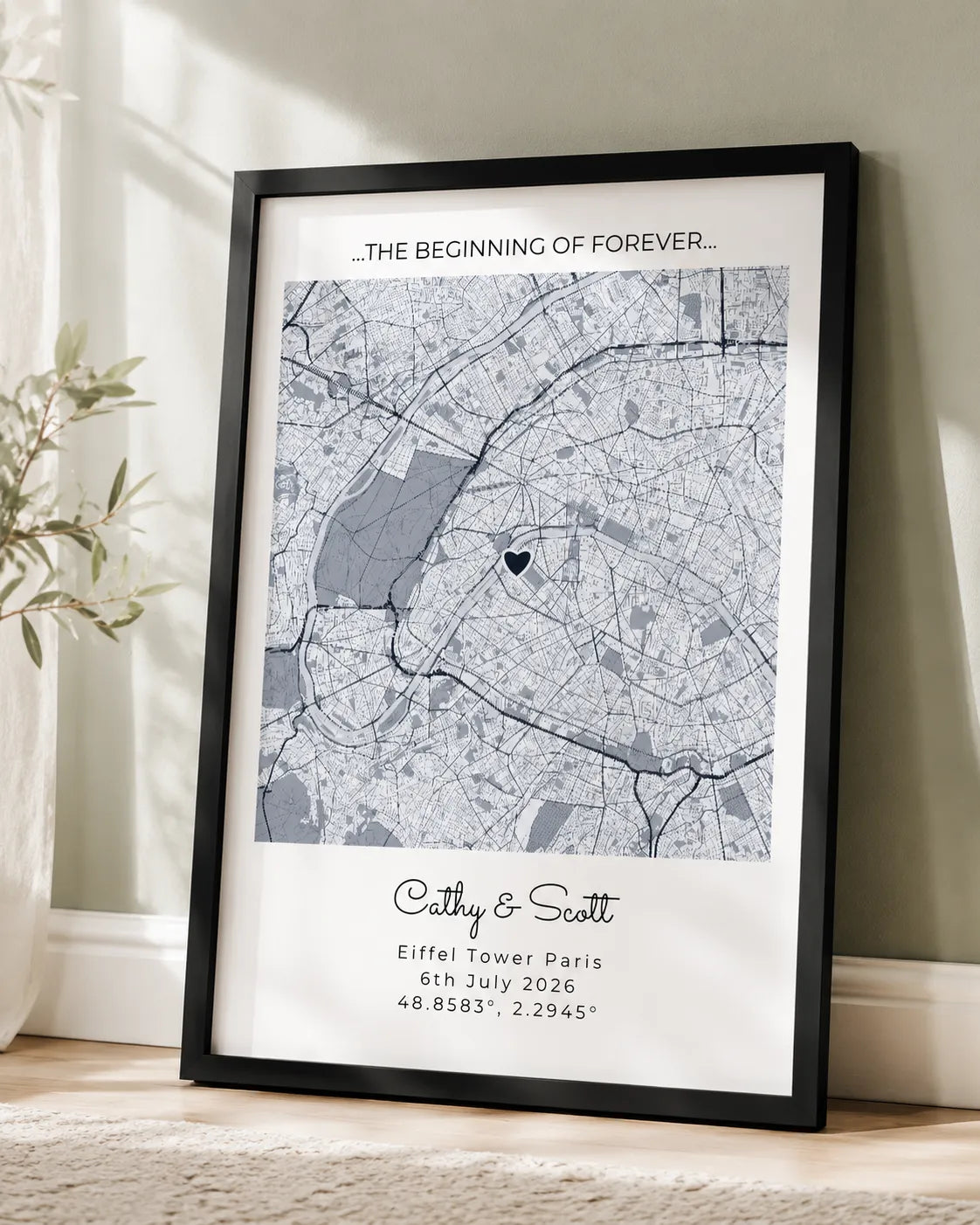 Framed city map print styled on a shelf