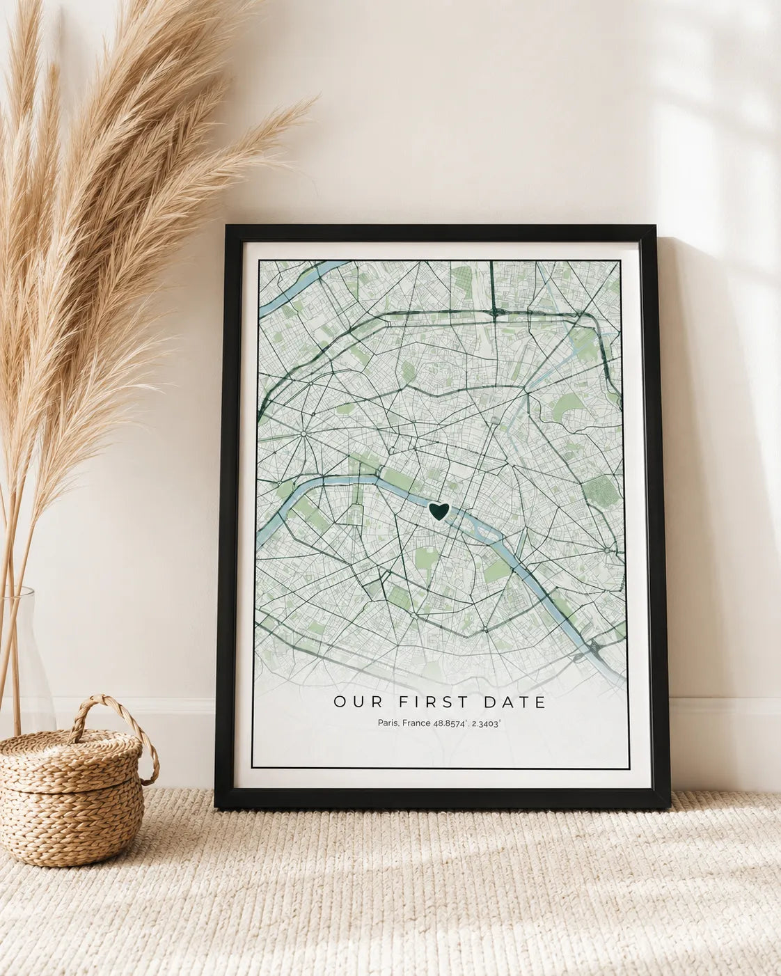 Framed city map print on a sideboard