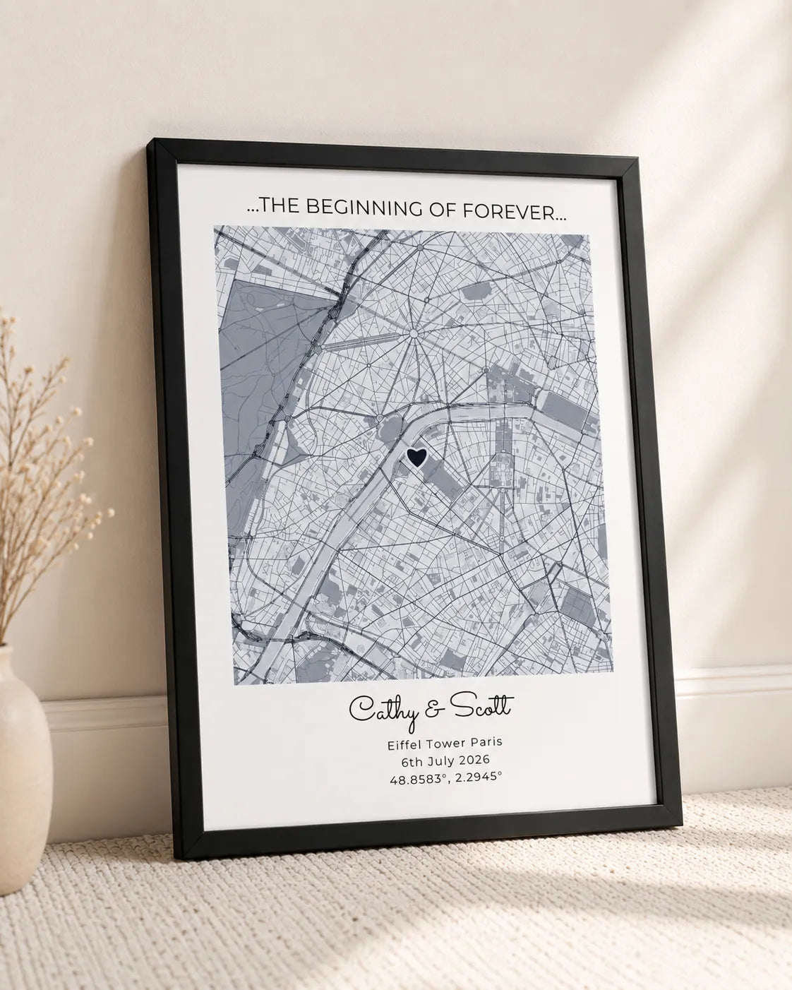 Framed city map print styled with plants