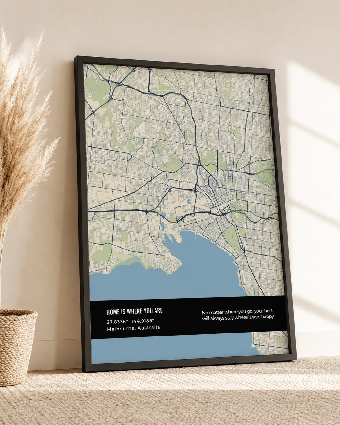 Framed city map print in a living room