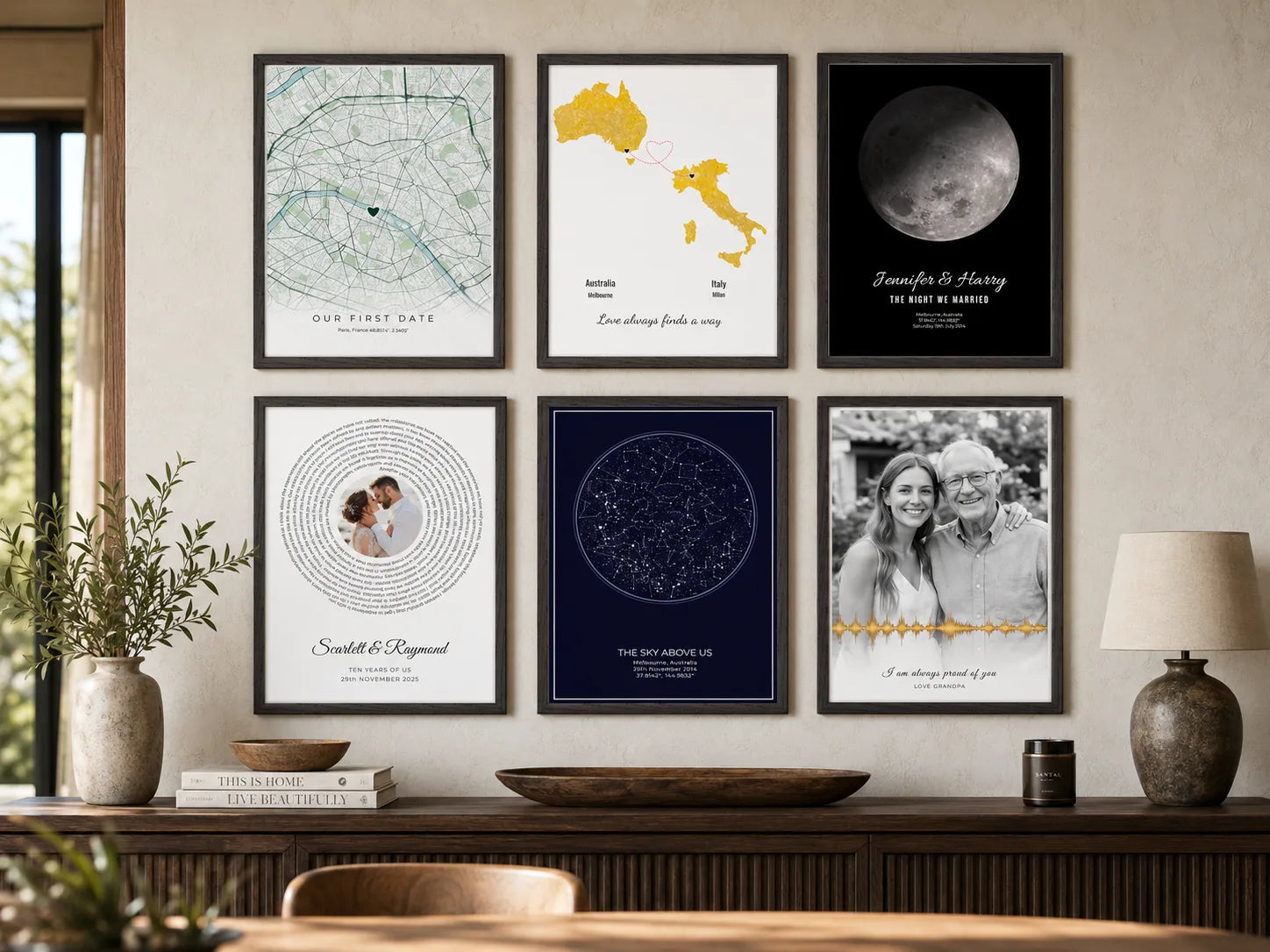 Premium personalised framed artwork styled in a warm home