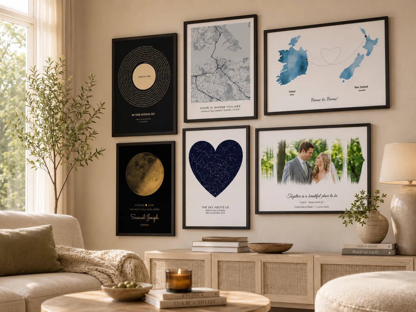 Personalised framed prints displayed in a warm home