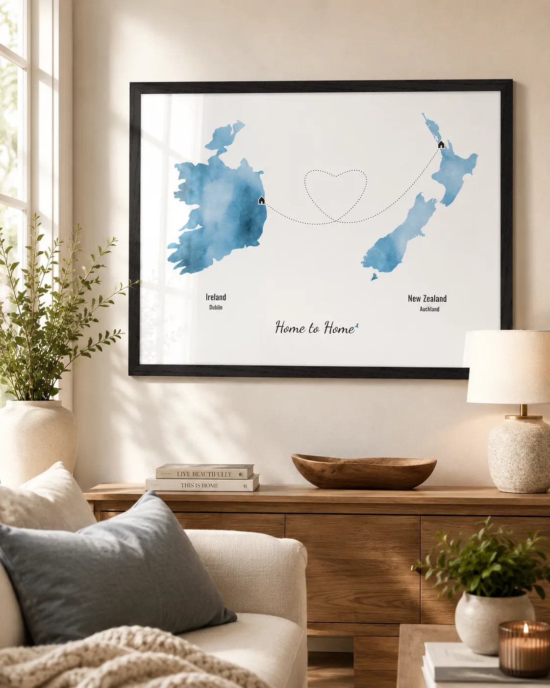 Framed journey map print in a living room