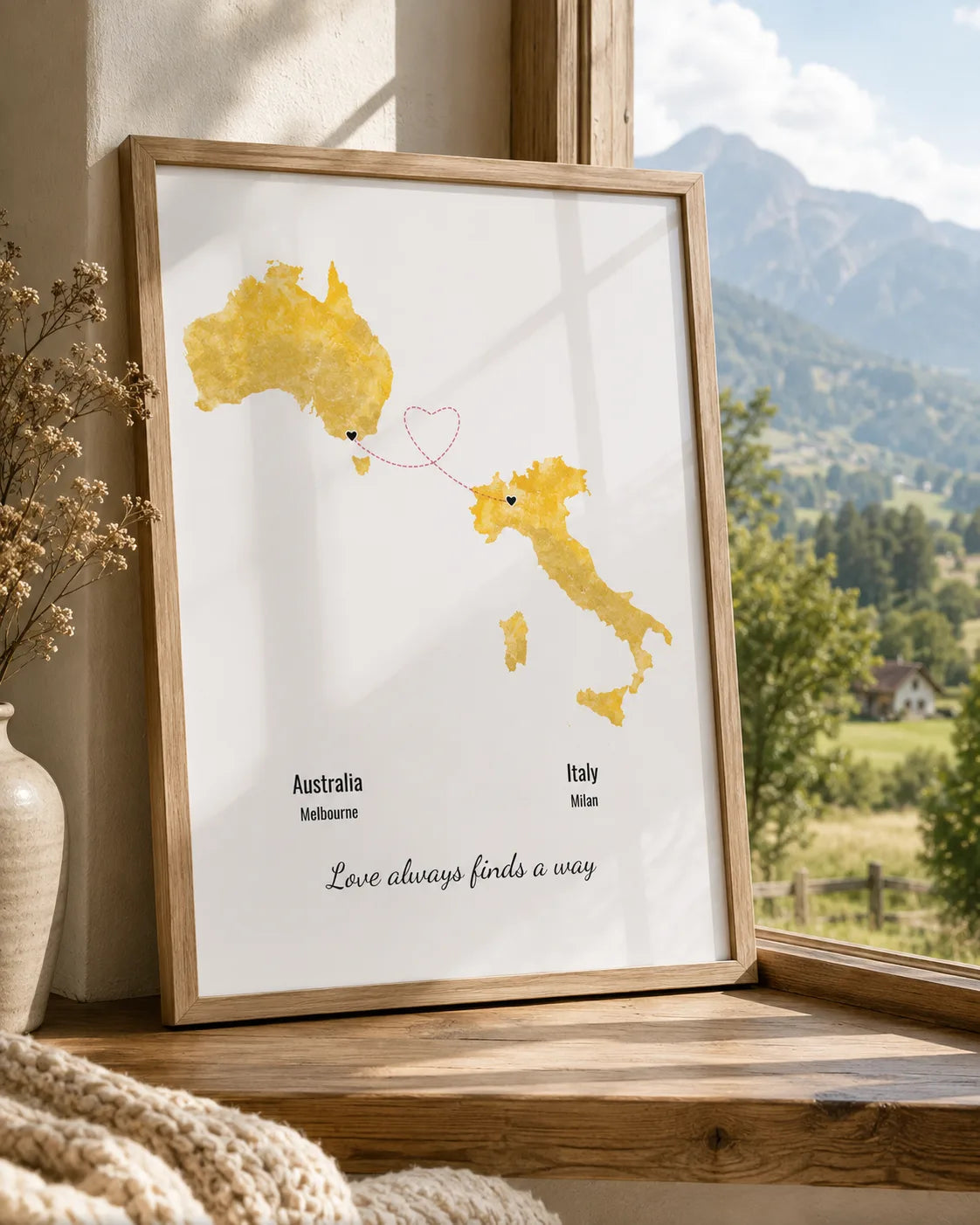 Framed journey map print on a shelf