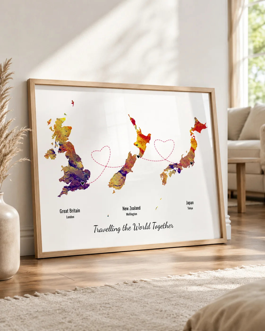 Framed journey map print styled with plants