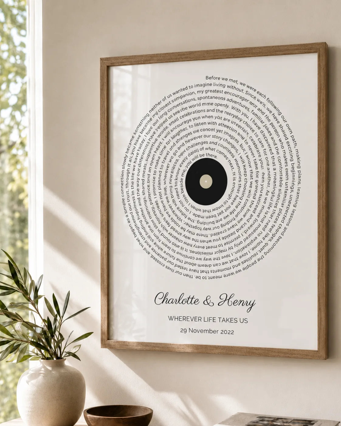 Framed custom text print styled on a wall