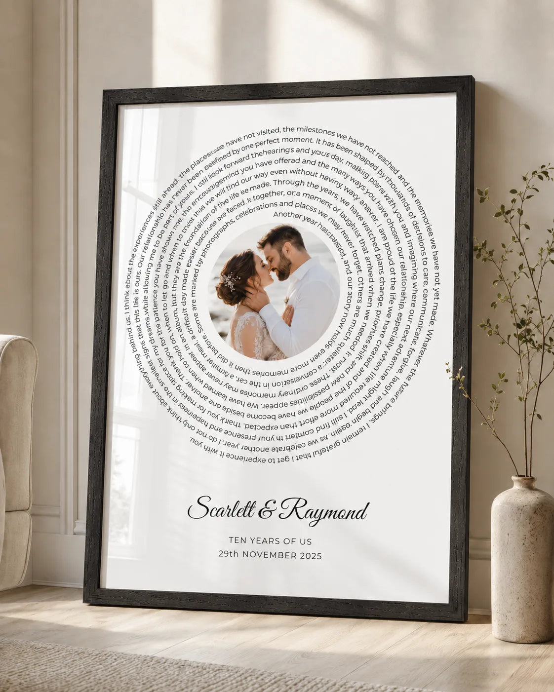 Framed custom text print in a living room