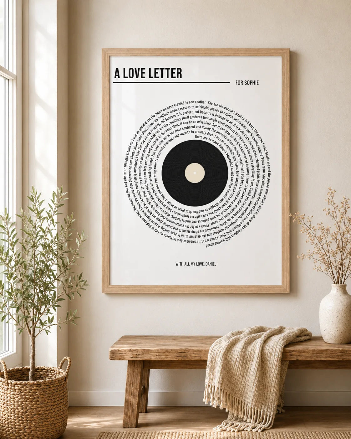 Framed custom text print on a shelf