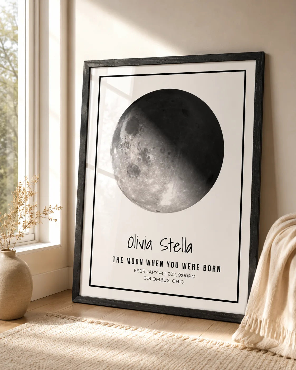 Framed moon phase print styled on a wall