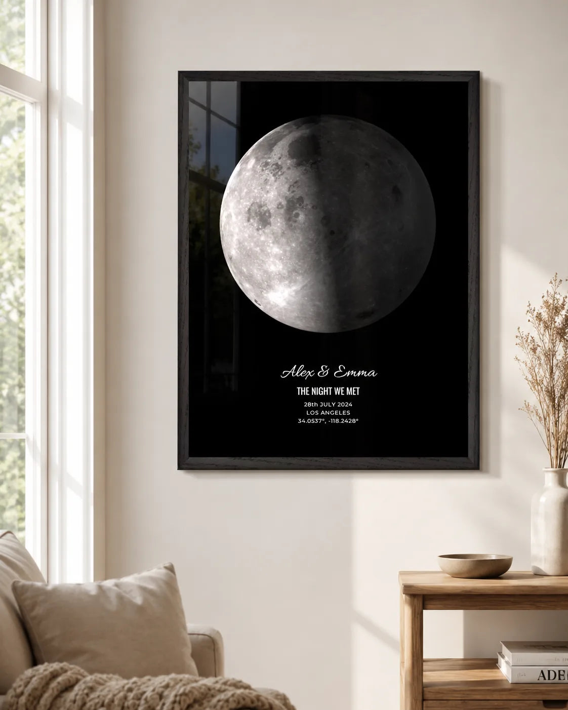 Framed moon phase print in a living room